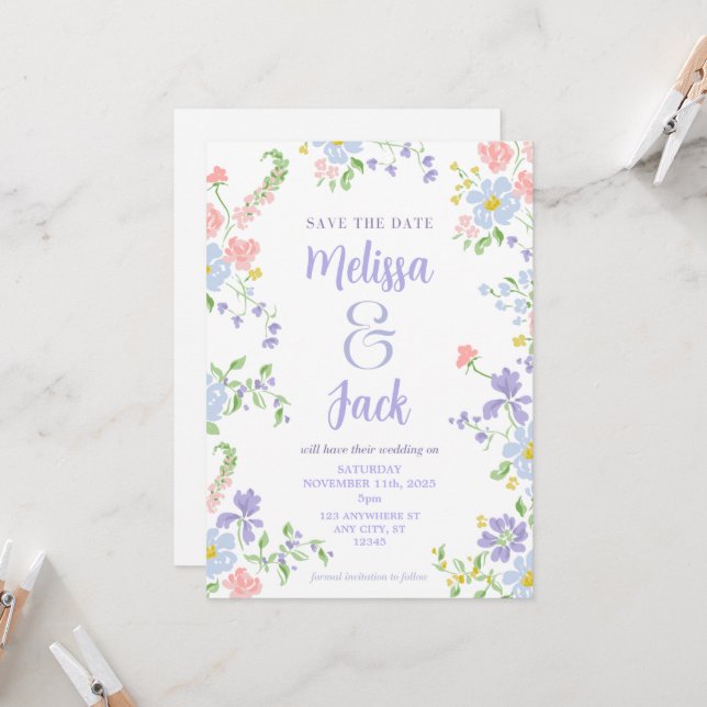 Invitación Pastel Floral Salva la Fecha  (Anverso/Reverso In Situ)