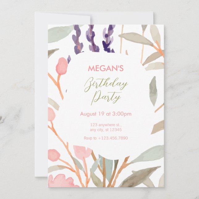 Invitación Pastel Floral Watercolor Brunch cumpleaños (Anverso)