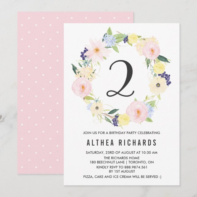 Invitación Pastel Floral Wreath Kids Cumpleaños Fiesta Primav (Anverso / Reverso)
