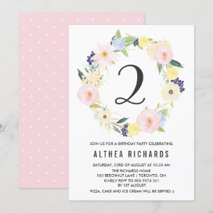 Invitación Pastel Floral Wreath Kids Cumpleaños Fiesta Primav