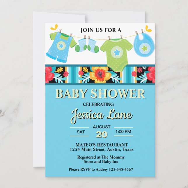 Invitación Pastel Floral y Plaid Boy Baby Shower (Anverso)