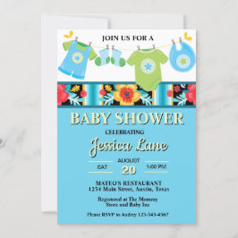 Invitación Pastel Floral y Plaid Boy Baby Shower