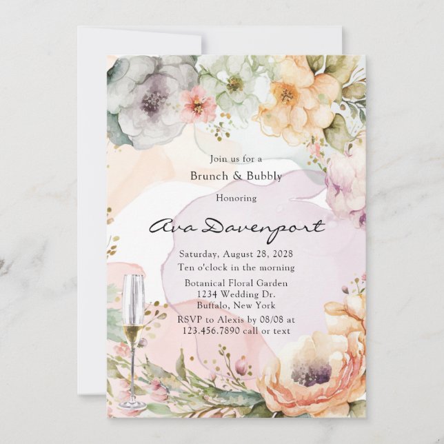 Invitación Pastel Florals Alcohol Ink Brunch y Bubbly (Anverso)