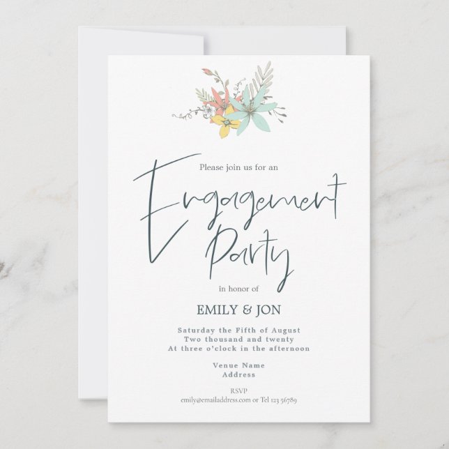 Invitación Pastel Florals Estilish Script Engagement Party (Anverso)