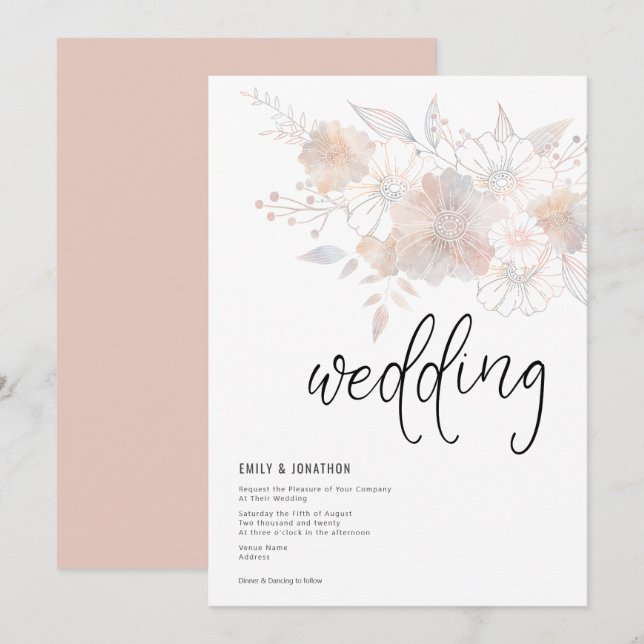 Invitación Pastel Florals Rubor Peach Gray Boda (Anverso / Reverso)