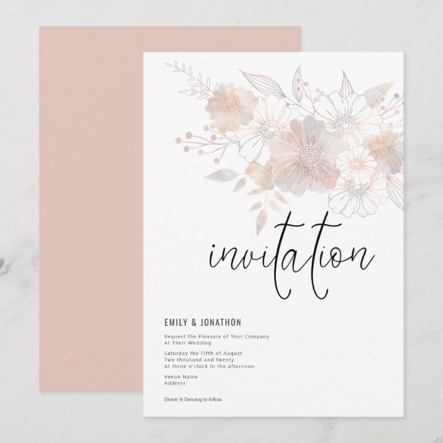 Invitación Pastel Florals Rubor Peach Gray Boda (Anverso / Reverso)