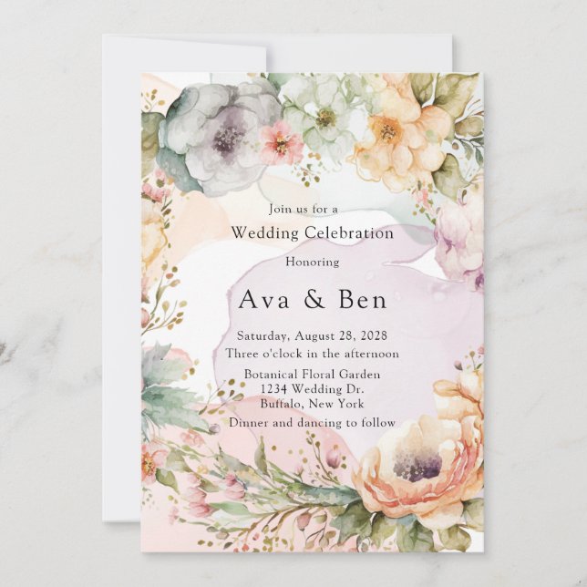 Invitación Pastel Florals y Boda de tinta de alcohol (Anverso)