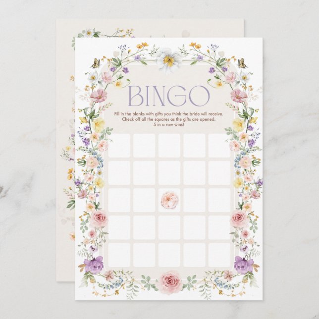 Invitación Pastel Flores salvajes Bingo Ducha de novia Tarjet (Anverso / Reverso)
