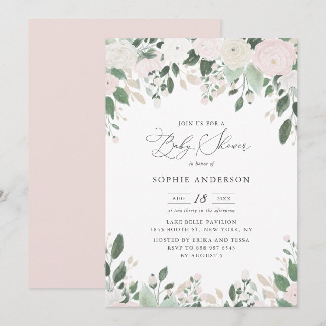 Invitación Pastel Flowers Gold Purpurina deja Baby Shower (Anverso / Reverso)