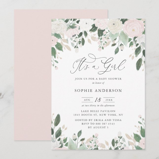 Invitación Pastel Flowers Purpurina Es un Chica Baby Shower (Anverso / Reverso)