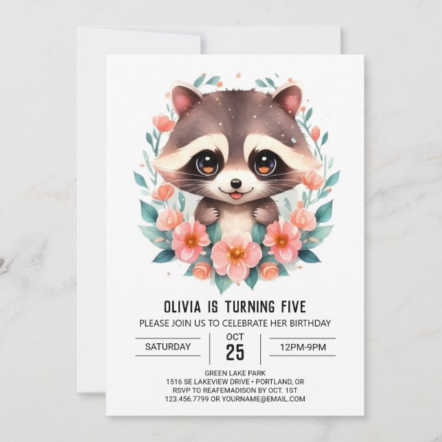 Invitación Pastel Flowers Raccoon Chica Cumpleaños (Anverso)