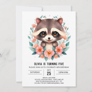 Invitación Pastel Flowers Raccoon Chica Cumpleaños