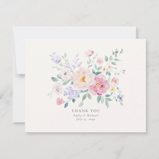 Invitación Pastel Flowers Watercolor Wedding Thank You Card (Anverso)