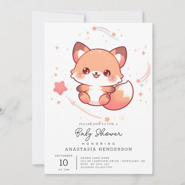 Invitación Pastel Fox Baby Shower encantado (Anverso)