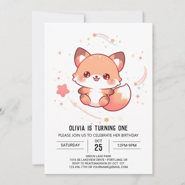 Invitación Pastel Fox encantado primer cumpleaños (Anverso)