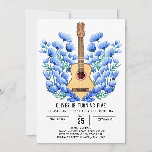Invitación Pastel Fun Guitar Boy Cumpleaños (Anverso)