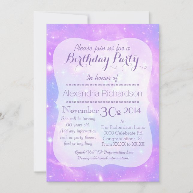 Invitación Pastel Galaxy cumpleaños espacial (Anverso)