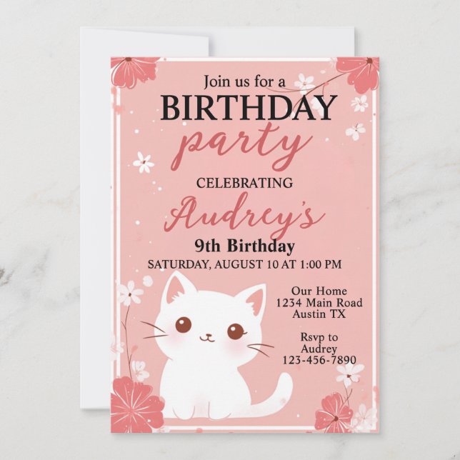 Invitación Pastel Gato Rosa Cualquier Chica de Edad Cumpleaño (Anverso)