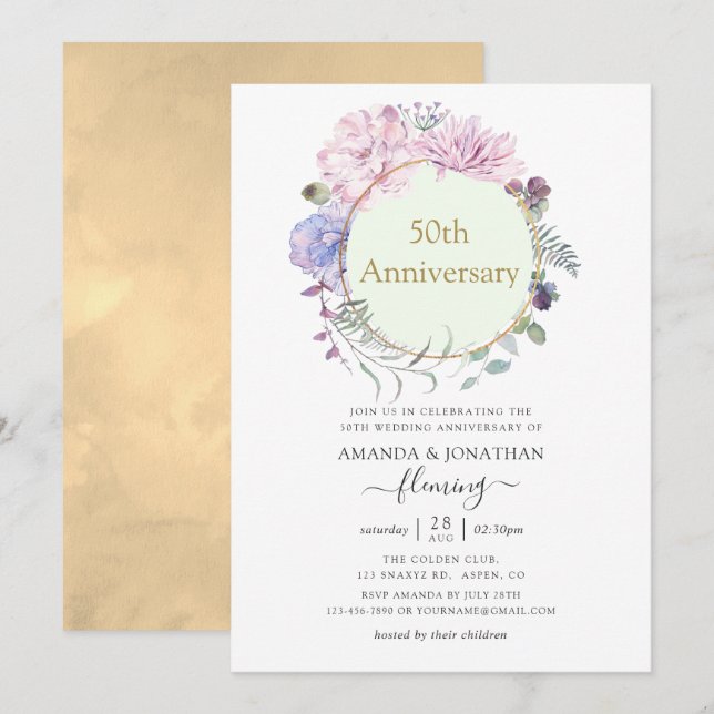 Invitación Pastel Geometric Peonies 50° Aniversario Boda (Anverso / Reverso)