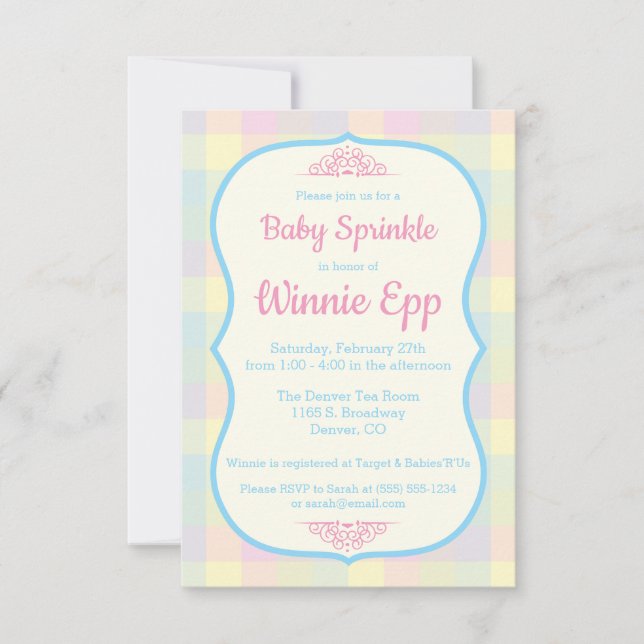 Invitación Pastel Gingham Plaid, Pink, Blue Baby Sprinkle (Anverso)