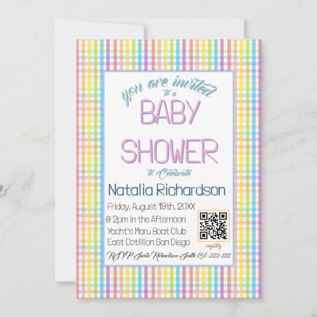 Invitación Pastel Gingham Rainbow Baby Shower (Anverso)