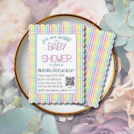 Invitación Pastel Gingham Rainbow Baby Shower