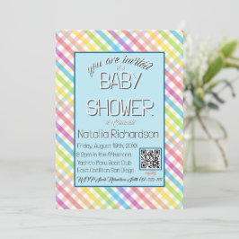 Invitación Pastel Gingham Rainbow Baby Shower Blue