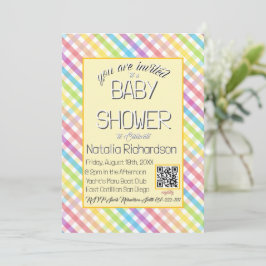 Invitación Pastel Gingham Rainbow Baby Shower Yellow