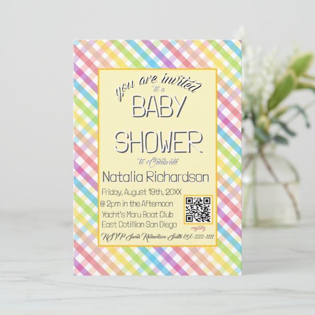 Invitación Pastel Gingham Rainbow Baby Shower Yellow (Anverso de pie)