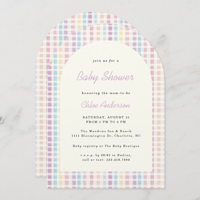 Invitación Pastel Gingham Rainbow Colors Baby Shower (Anverso / Reverso)