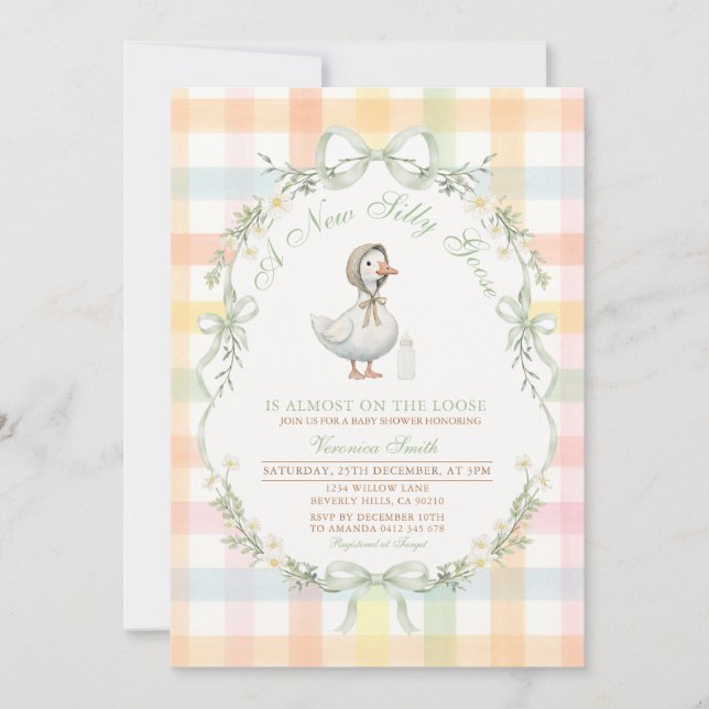 Invitación Pastel Gingham Silly Goose Baby SHOWER Invitation (Anverso)