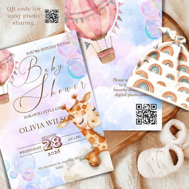Invitación Pastel Giraffe Baby Shower Invitation with QR Code (baby shower qr code)