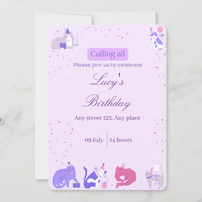 Invitación Pastel Girl Cat Invite (Anverso)