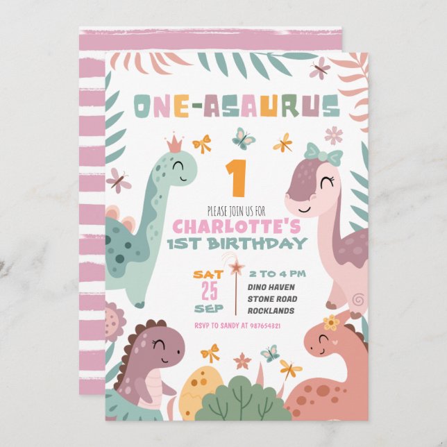 Invitación Pastel Girl Dinosaur 1st Birthday Invitation (Anverso / Reverso)