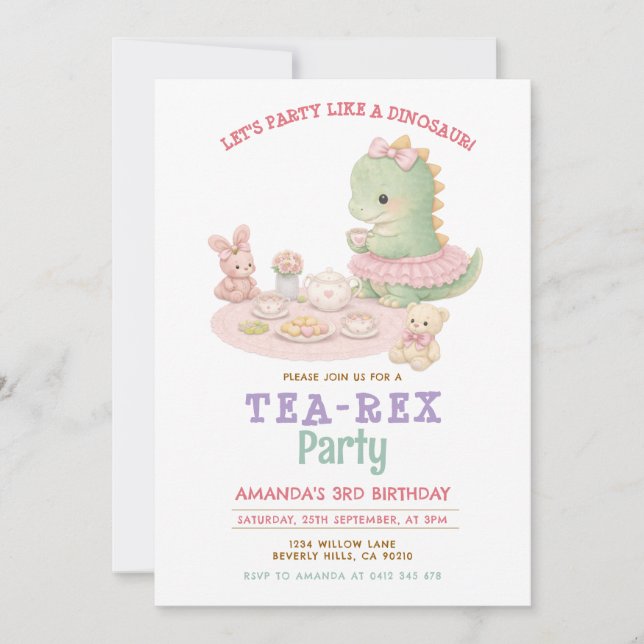 Invitación Pastel Girl Dinosaur Tea-Rex 3rd Girl Birthday (Anverso)
