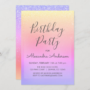 Invitación Pastel Girly Purpurina Sparkle Cualquier Edad Cump