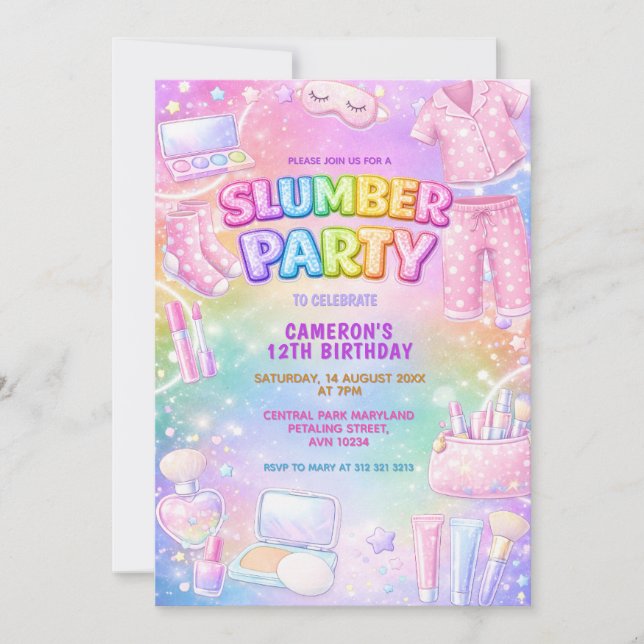 Invitación Pastel Glitter Girls Slumber Party Birthday  (Anverso)