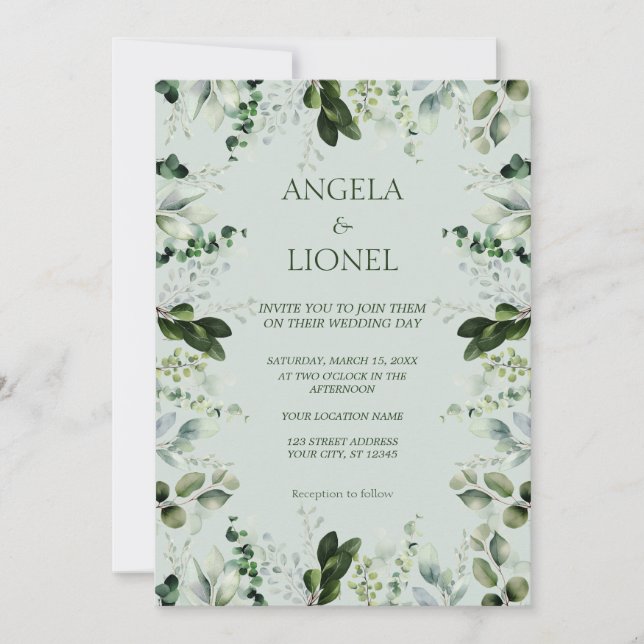 Invitación Pastel Green Eucalyptus Foliage Elegance Boda (Anverso)