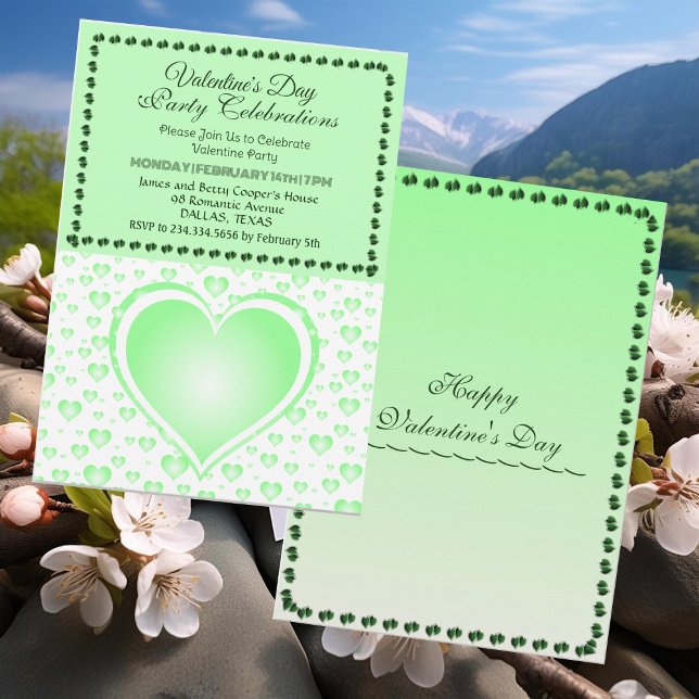 Invitación Pastel Green Lluvia El día de San Valentín Fiesta (Pastel Green Raining Hearts Valentine's Day Party Invitation)