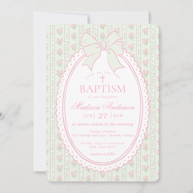 Invitación Pastel Green Vintage Fancy Floral Baptism (Anverso)