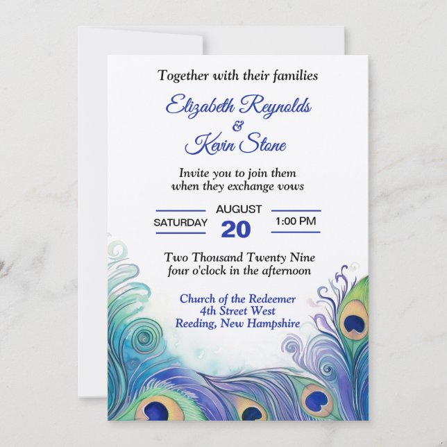 Invitación Pastel Green y Blues Peacock Feathers Boda (Anverso)