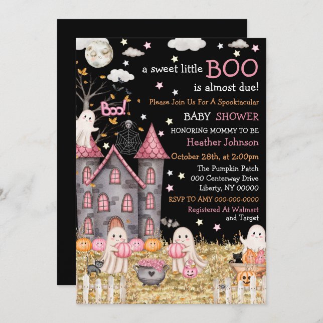 Invitación Pastel Halloween Pequeño Chica de Boo Baby Shower (Anverso / Reverso)