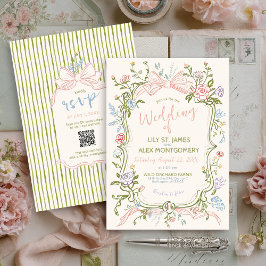 Invitación Pastel Hand Drawn Vintage Floral Bow Ivory Wedding