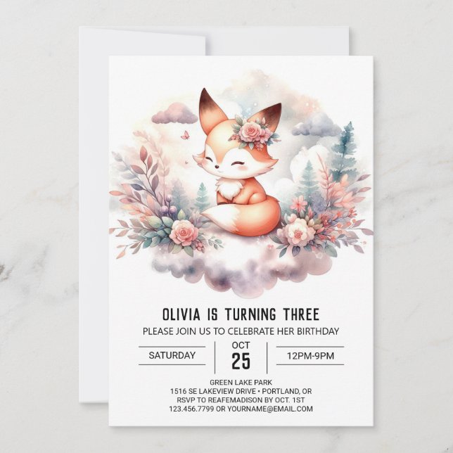 Invitación Pastel Happy Fox Birthday digital (Anverso)