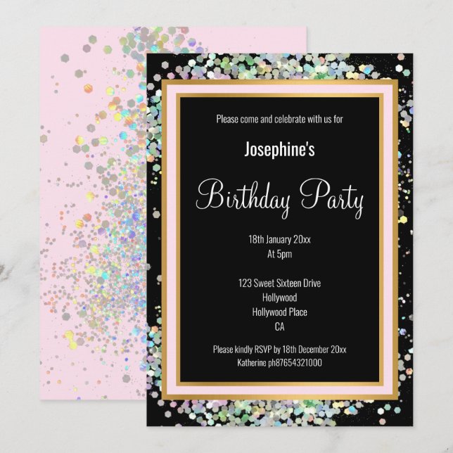 INVITACIÓN PASTEL HOLOGRÁFICO CUMPLEAÑOS DE ORO ROJO NEGRO (Anverso / Reverso)