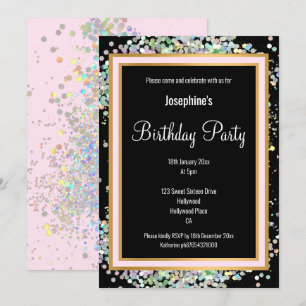 INVITACIÓN PASTEL HOLOGRÁFICO CUMPLEAÑOS DE ORO ROJO NEGRO