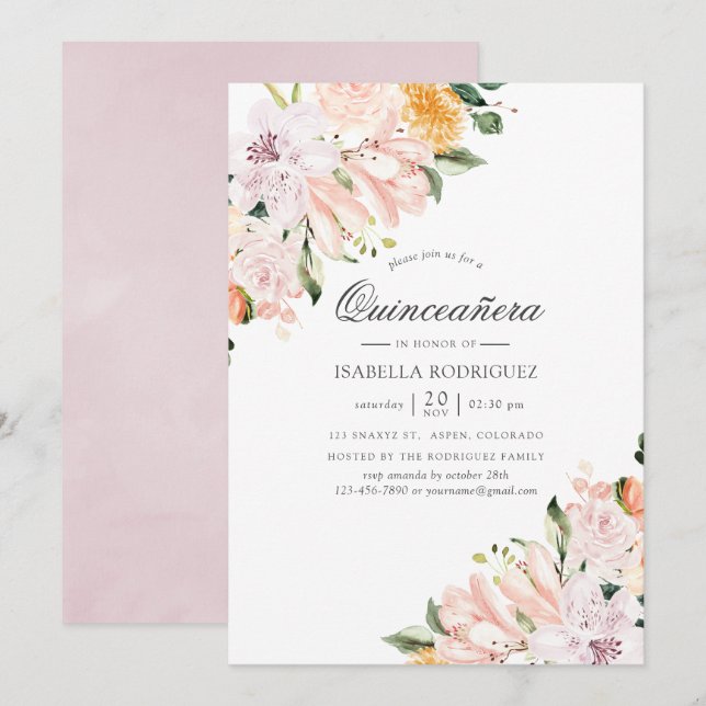 Invitación Pastel Hues Floral Quinceañera (Anverso / Reverso)