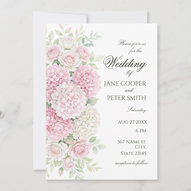 Invitación Pastel hydrangeas and roses Budget Wedding (Anverso)