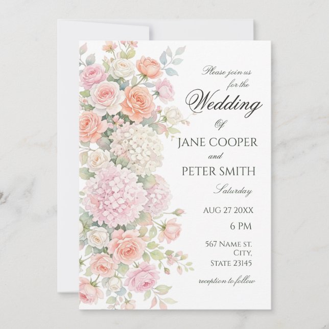 Invitación Pastel hydrangeas and roses. Budget Wedding (Anverso)