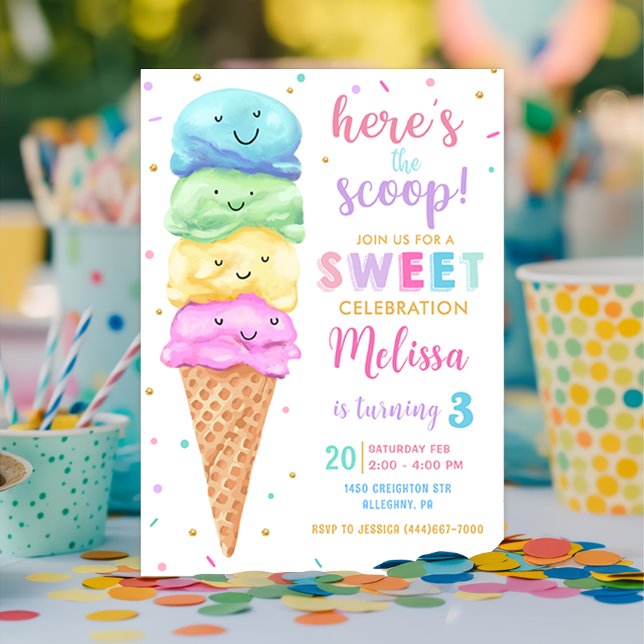 Invitación Pastel Ice Cream Aquí está el cumpleaños de Scoop (Subido por el creador)